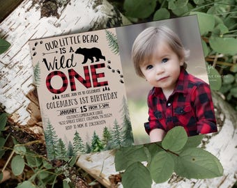 Lumberjack First Birthday Invitation Template Wild One Bear Photo Invite Boy Rustic Buffalo Plaid BPNT