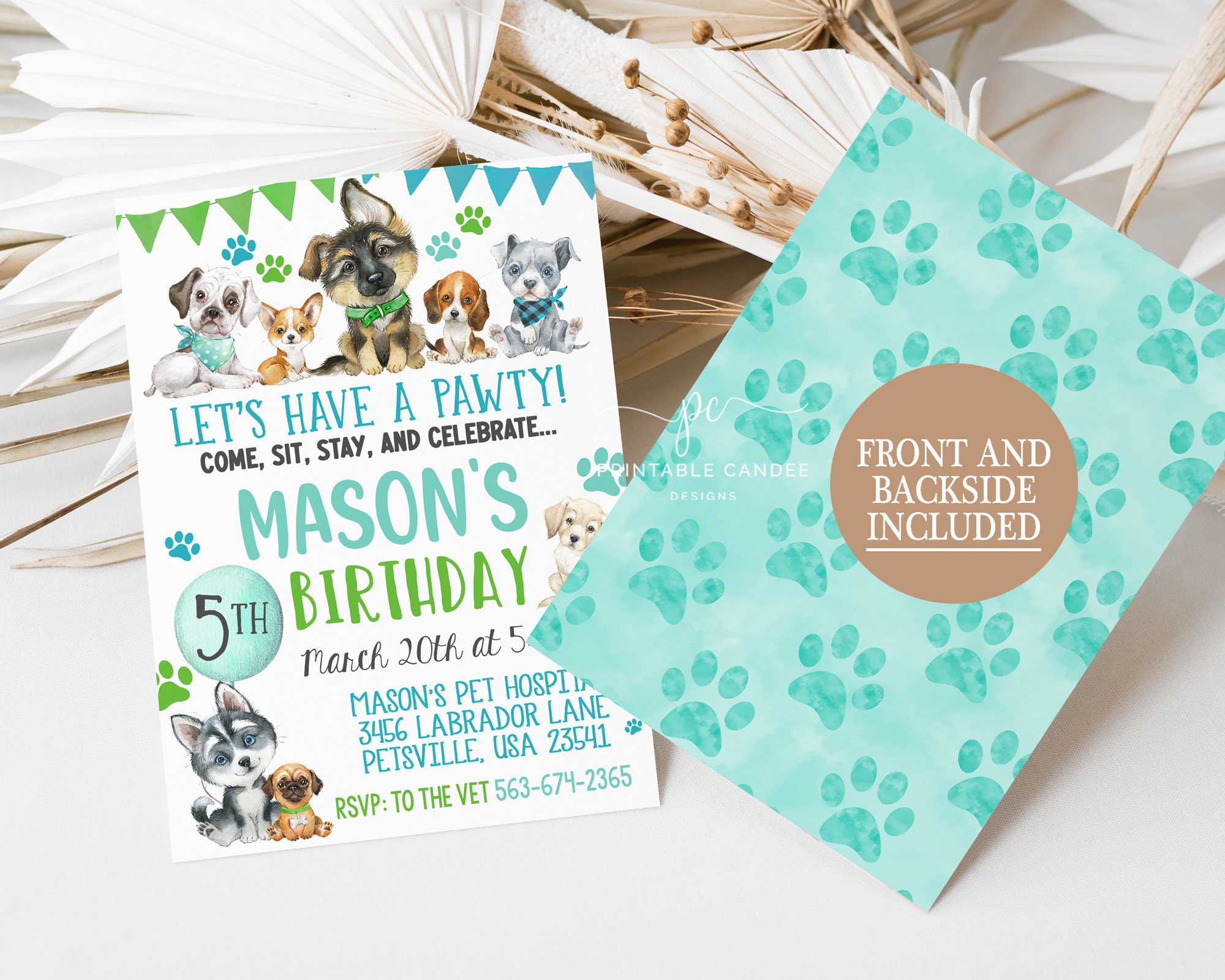 Editable Boy Puppy Birthday Invite Blue Green Dog Party Invitation ...
