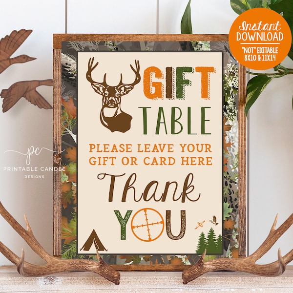 Hunting Party Gift Table Sign Deer Camo Birthday Decor Table Sign Printable File Instant Download