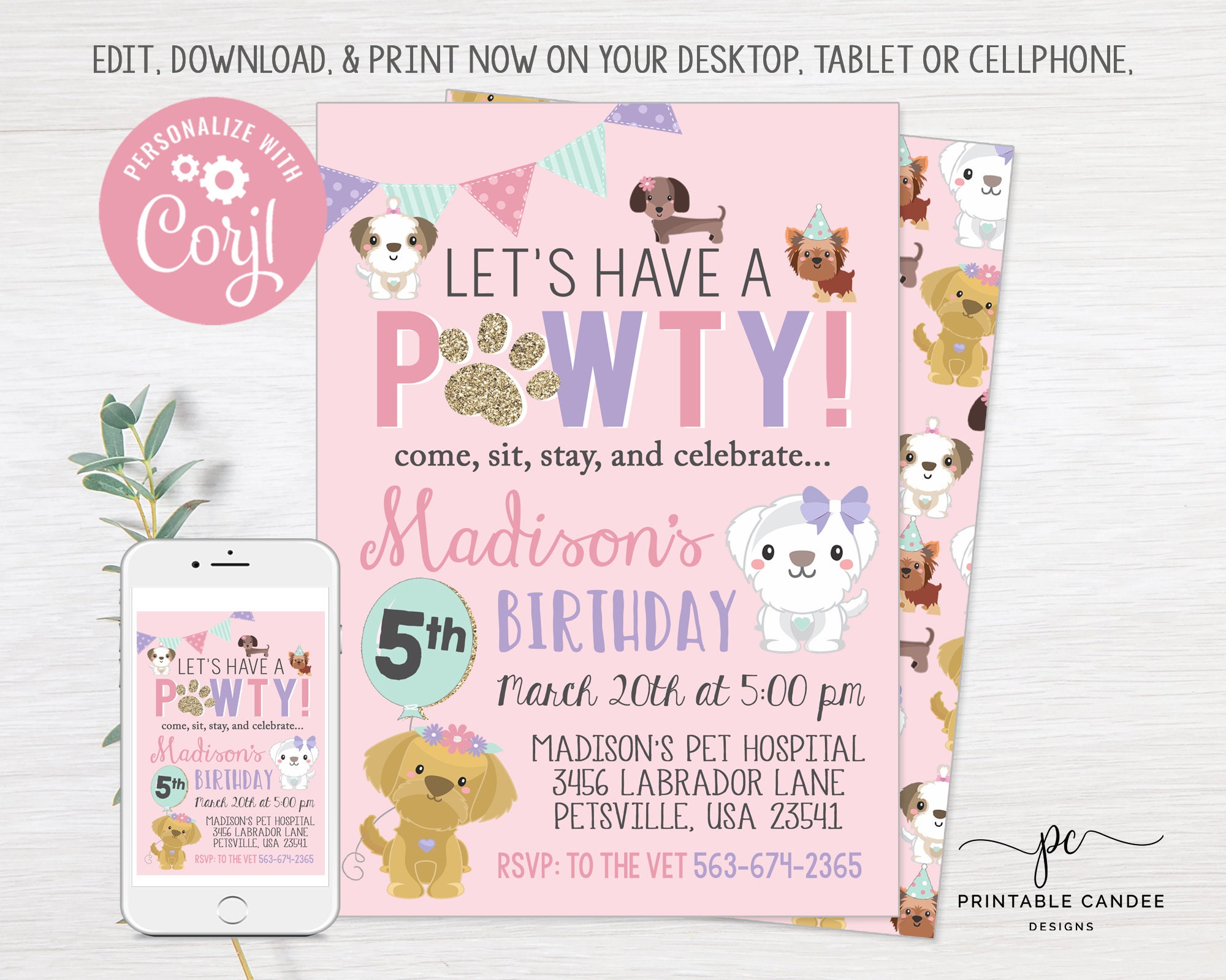 Girl Puppy Birthday Invitation Dog Party Pink Adorable Pet | Etsy