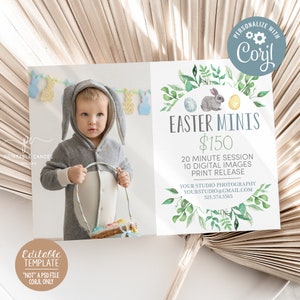 May include: A digital flyer for an Easter mini photo session. The flyer features a watercolor illustration of green leaves and eggs. The text reads "Easter Minis $150 20 Minute Session 10 Digital Images Print Release Your Studio Photography YourStudio@gmail.com 321.574.5565"