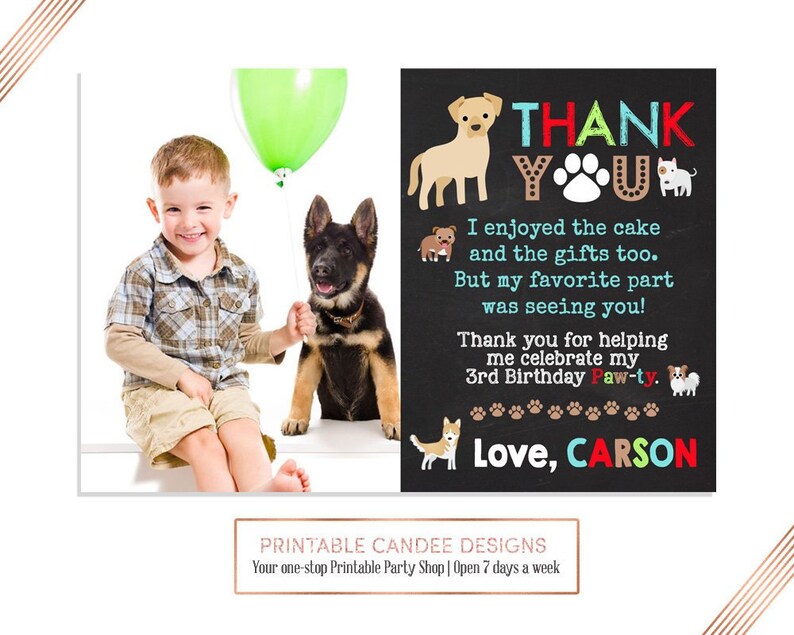 Puppy Thank You Card Dog Birthday Theme Pet Party Printable Etsy