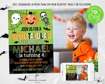 May include: A green and black Halloween party invitation with a pumpkin, ghost, and skeleton. The invitation says "Join us for a Spooktacular Celebration Michael is turning 4" with details for the party.