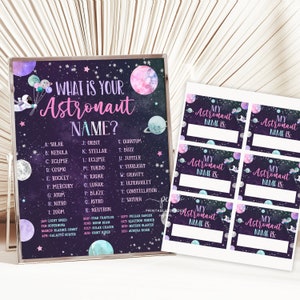 May include: A printable game for a space-themed party. The game features a list of space-related words and a set of blank name tags that say "My Astronaut Name Is:"