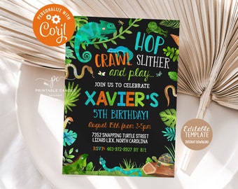 May include: A black chalkboard style invitation with green, blue, and orange text. It says "Hop, Crawl, Slither and Play... Join us to celebrate Xavier's 5th Birthday! August 15th from 3-5pm 7352 Snapping Turtle Street Lizard Lick, North Carolina RSVP: 463-972-8927 by 8/1". The invitation has a jungle theme with images of snakes, turtles, and lizards.
