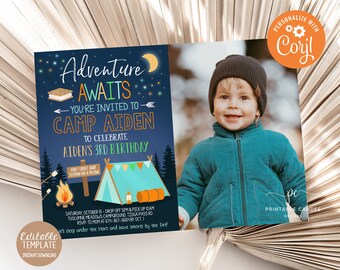Camping Invitation Editable Birthday Invite Sleepover Party Outdoor Adventure Editable Instant Download