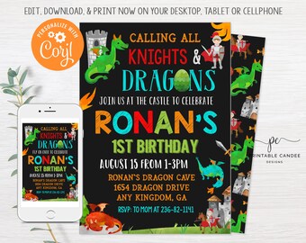 Knights and Dragons Birthday Invitation Editable Dragon Knight Party Printable Invite Boy Birthday Theme Template Instant Download