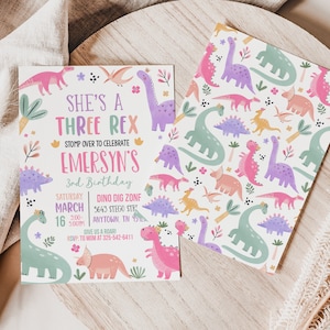 Pastel Dinosaur Birthday Invitation Girl Three Rex Party Editable Invite Cute Dino Pink Template Printable DG24 image 5