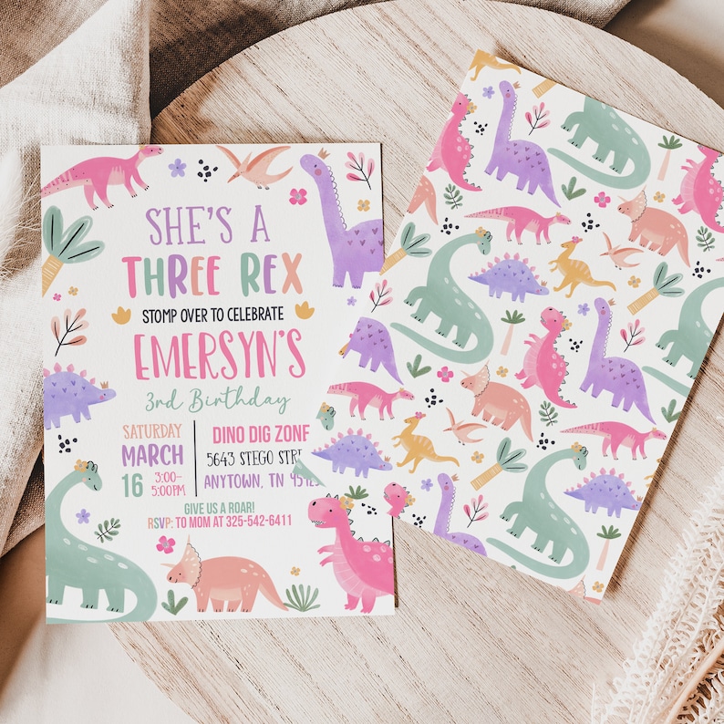 Pastel Dinosaur Birthday Invitation Girl Three Rex Party Editable Invite Cute Dino Pink Template Printable DG24 image 5