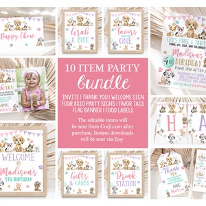 Editable Girl Pet Party Bundle Puppy Kitten Theme Birthday Decor Pink Watercolor Invite Signs Favors Printable Templates Instant Download