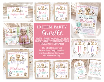 May include: A 10-item party bundle for a dog-themed birthday party. The bundle includes a welcome sign, invitation, thank you cards, favor tags, food labels, a banner, and drink station sign. The items are decorated with cute cartoon dogs and feature a pink and purple color scheme. The text on the invitation reads "Let's have a pawty! Come, sit, stay, and celebrate Madison's 4th Birthday."