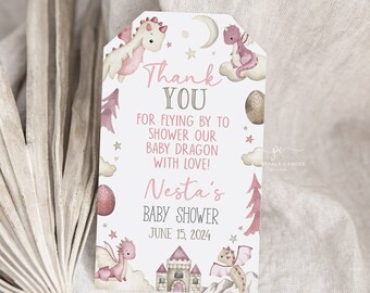 Editable Dragon Favor Tags Baby Shower Favors Pink Dragons Theme It's a Girl Template Printable Decor BGTPS