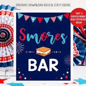 4th of July Smores Bar Sign Red White and Blue Firecracker Birthday Food Signs Navy Patriotic Stars Stripes Party Decor Download Printable
