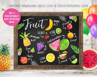 May include: Printable sign with a chalkboard background featuring a watercolor illustration of various fruits, including a pineapple, watermelon, banana, kiwi, grapes, cherries, pear, apple, lemon, orange, coconut, and lime. The sign says "Fruit" at the top and includes the name of each fruit.