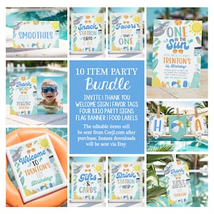Bearbeitbares One In The Sun 1. Geburtstagsparty-Bundle Tropischer Sommerdekor-Junge Haifischbecken Schilder Bevorzugungen Etiketten Vorlagen OITSB