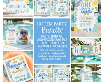 May include: A 10-item party bundle for a 1st birthday with a summer beach theme. The bundle includes an invitation, welcome sign, thank you tags, four 8x10 party signs, a flag banner, and food labels. The signs feature a blue and green color scheme with illustrations of a shark, a beach ball, and a sun.