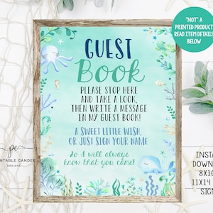 Sinal de livro de visitas sob o mar mesa de chá de bebê menino azul cerceta oceano animais tartaruga decoração para impressão