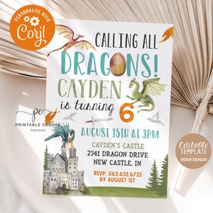 Puede incluir: Plantilla de invitaci&oacute;n de cumplea&ntilde;os imprimible y editable con tem&aacute;tica de dragones. La invitaci&oacute;n presenta un drag&oacute;n verde y naranja, un castillo y el texto "Calling all Dragons! Cayden cumple 6 a&ntilde;os. 15 de agosto a las 3 PM. Castillo de Cayden. 2341 Dragon Drive. New Castle, IN. RSVP: 563.632.6732 antes del 1 de agosto."