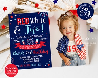 4th of July 2nd Birthday Invitation Red White and Two Firecracker Patriotic Stars Stripes Editable Photo Template Download Printable
