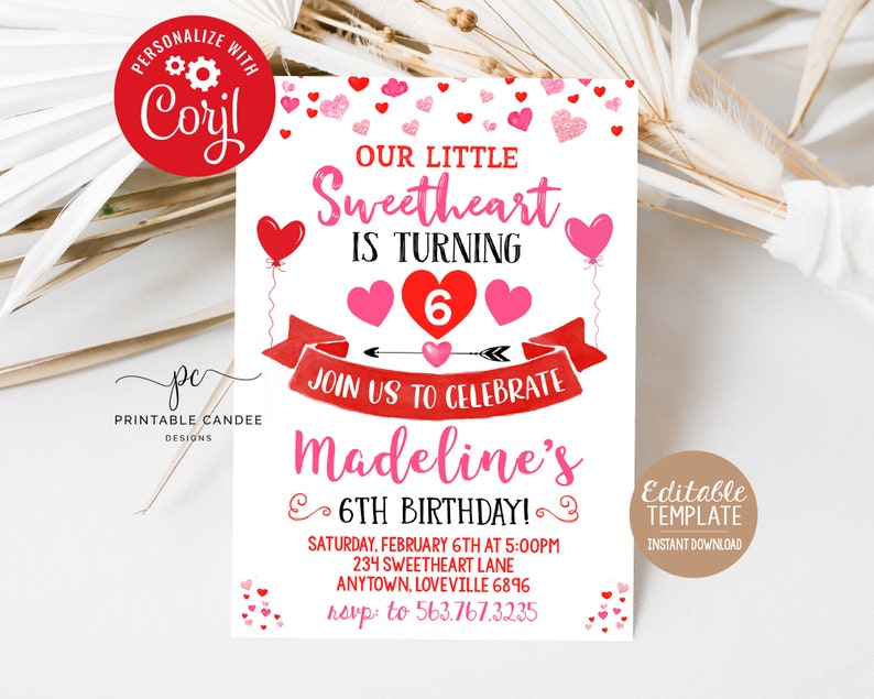 Valentine Birthday Invitation Heart Birthday Editable Invite Etsy