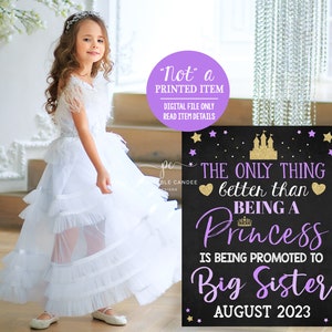 Prinzessin Big Sister Ankündigung Schwangerschaft Zeichen Lila Gold Krone Fotoshooting Prop befördert zu Bis Sis Poster druckbare Datei