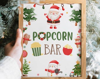 Noc filmowa w Boże Narodzenie do wydrukowania Popcorn Bar Sign Holiday Movie Birthday Party Decor Snacks Instant Download CMNS