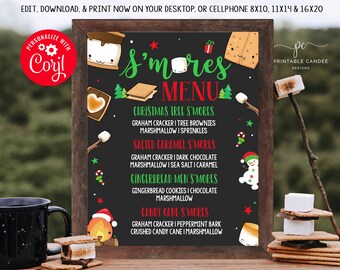 Może przedstawiać: Drukowana tablica z menu w kształcie tablicy szkolnej z czarnym tłem i białym tekstem. Tablica zawiera menu różnych smaków s'mores, w tym Christmas Tree S'mores, Salted Caramel S'mores, Gingerbread Men S'mores i Candy Cane S'mores. Tablica jest ozdobiona świątecznymi kolorami i grafiką.