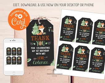EDITABLE Fox Favor Tags Woodland Birthday Forest Animals Party Theme Favors Chalk Template Printable Decor Instant Download