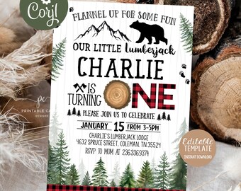 May include: A printable invitation for a first birthday party with a lumberjack theme. The invitation features a red and black buffalo plaid pattern, a cartoon bear, and a woodgrain background. The text on the invitation reads "Flannel Up For Some Fun Our Little Lumberjack Charlie Is Turning One Please Join Us To Celebrate January 15 From 3-5PM Charlie's Lumberjack Lodge 4632 Spruce Street, Coleman, TN 35524 RSVP To Mom At 236.3369374 Editable Template Instant Download".