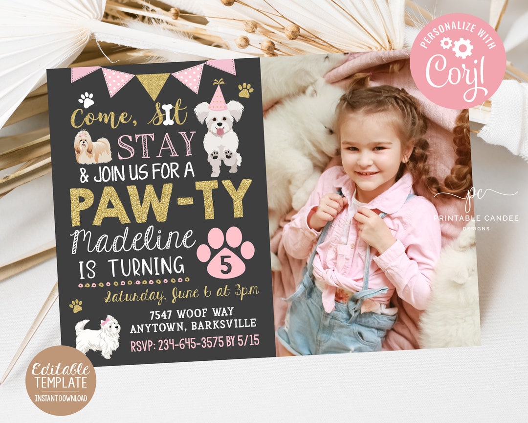 Girl Puppy Birthday Invitation Pink and Gold Dog Party Pet Invite Theme ...