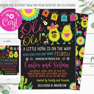 Convite para chá de bebê Fiesta Girl Abacate Festa de chá de bebê Mexicano Fiesta Convite para bebê modelo editável para impressão