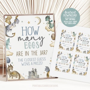 Letrero para baby shower de dragón, juego de huevos imprimibles con temática de dragones azules, juego de tarro "Es un niño" BGTBS