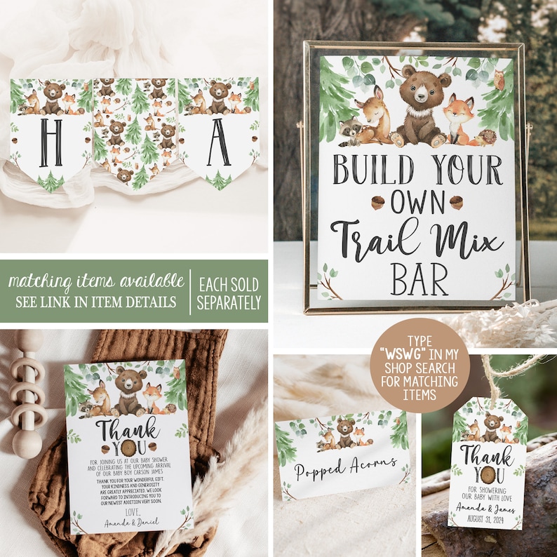 May include: A set of printable baby shower decorations featuring a woodland theme with bears, foxes, and owls. The decorations include a banner, a sign for a trail mix bar, thank you cards, and a sign for popped acorns. The text on the sign reads "Build Your Own Trail Mix Bar".