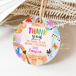 Art Birthday Favor Tags Editable Painting Party Decor Rainbow Artist Theme Brushes Easel Watercolor Digital Download Printable APG1