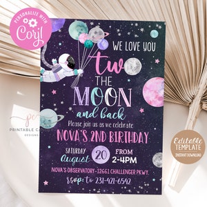 May include: Purple and black space-themed birthday invitation with a cartoon astronaut holding balloons. The text reads "We love you two the moon and back. Please join us as we celebrate Nova's 2nd Birthday. Saturday August 20 from 2-4pm. Nova's Observatory-12661 Challenger Pkwy. RSVP to 231-421-6542."