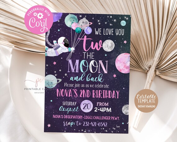 Editable Two the Moon 2nd Birthday Invitation Girl Pink Space Invite Galaxy Party Theme Template Printable Instant Download
