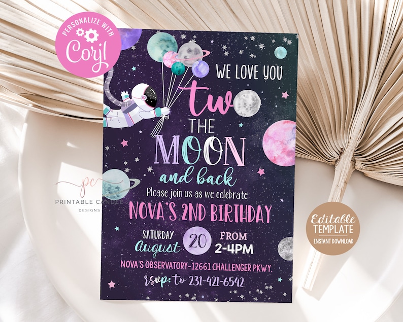 May include: Purple and black space-themed birthday invitation with a cartoon astronaut holding balloons. The text reads "We love you two the moon and back. Please join us as we celebrate Nova's 2nd Birthday. Saturday August 20 from 2-4pm. Nova's Observatory-12661 Challenger Pkwy. RSVP to 231-421-6542."