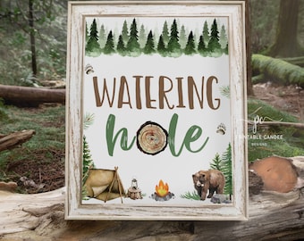 Camping Party Drink Sign Decor Lumberjack One happy Camper Signs Bear Birthday Party Printables Instant Download OHPNT
