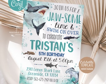 Editable Shark Invitation Boy Sharks Birthday Invite Ocean Party Summer Theme Template Instant Download SHB24