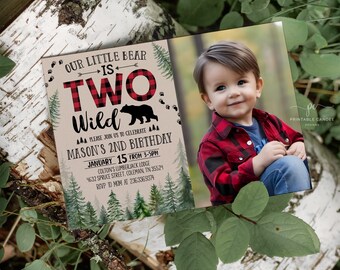 Lumberjack 2nd Birthday Invitation Template Two Wild Bear Photo Invite Boy Rustic Buffalo Plaid BPNT