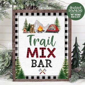 Trail Mix Bar Sign Camping Party Decor Black Lumberjack One happy Camper Signs Bear Birthday Party Printables Instant Download