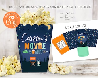 Backyard Movie Night Printable Popcorn Box Template Outdoor Movie Birthday Party Party Editable Sleepover Instant Download