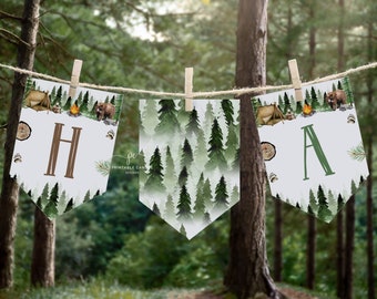 Editable Camping Flag Banner Template One Happy Camper Party Flags Decor Birthday Smores Woodland Bear 1st Printables OHPNT