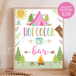 Hot Cocoa Bar Party Sign Girl Camping Hot Chocolate Station Bonfire Birthday Woodland Decor Backyard Glamping Sleepover Printable