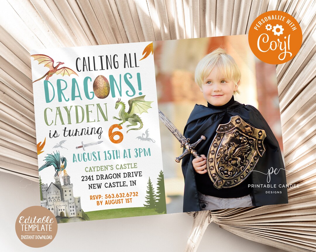 Dragon Birthday Invitation Editable Dragon Party Printable Invite Boy ...