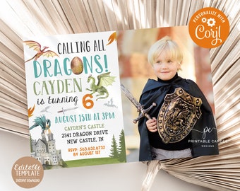 Dragon Birthday Invitation Editable Dragon Party Printable Invite Boy Birthday Theme White Photo Template Instant Download