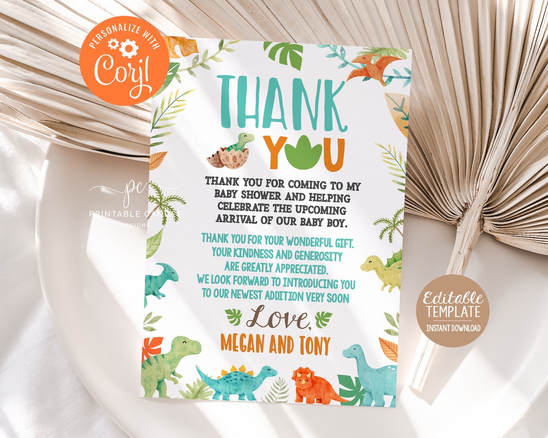 Dinosaur Baby Shower Thank You Card Dino It's a Boy Theme Blue Editable Instant Download