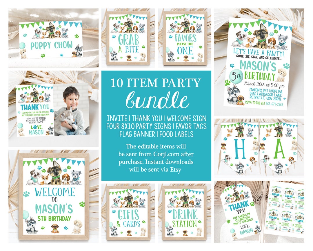 Editable Boy Puppy Party Bundle Dog Theme Birthday Decor Blue Green ...