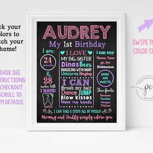 Custom Colors Girl Birthday Stats Sign Pick Your Own Theme Milestone Chalkboard Poster Printable File