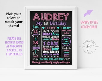 Puede incluir: Un cartel de pizarra rosa y morado con el texto "Audrey My 1st Birthday" y detalles sobre la edad, el peso, la altura y las cosas favoritas del niño. El cartel está enmarcado en blanco y tiene un fondo blanco.